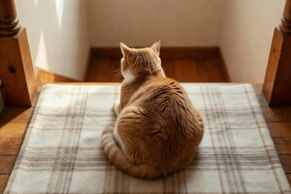 Vue de dos d'un chat roux et blanc couché en boule sur un plaid clair en hauteur d'un escalier, les oreilles légèrement aplaties, observant la pièce avec vigilance dans une lumière chaude de fin de matinée