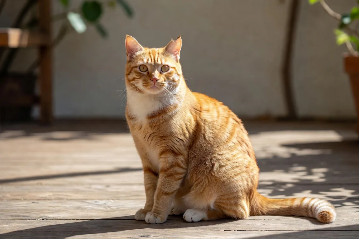 Chat roux et blanc assis paisiblement au milieu d'une terrasse en bois sous une lumière de midi dorée, en train de regarder calmement autour de lui, oreille gauche montrant une entaille cicatrisante mais l'attitude générale détendue et alerte
