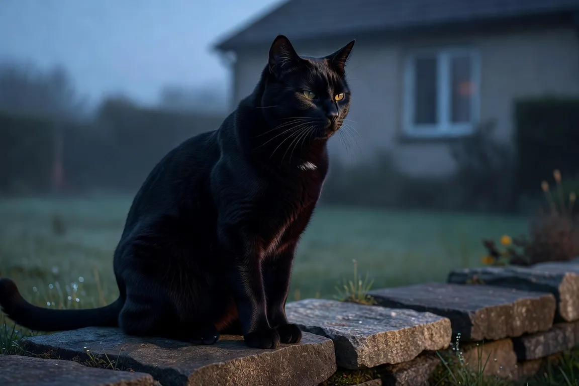 Le chat noir du voisinage posé sur le muret de la terrasse dans la lumière matinale, silhouette imposante, regard fixe vers l’intérieur de la maison — position de guetteur territorial matinal