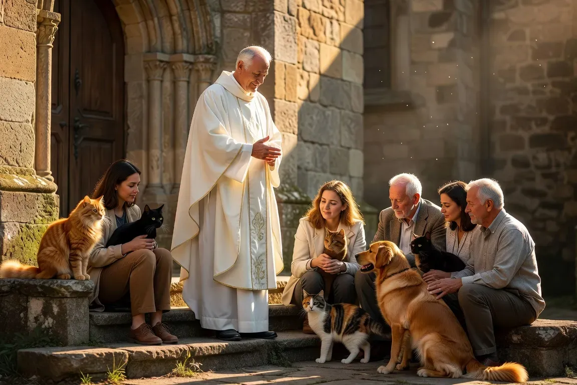 Un prêtre en aube blanche bénissant un petit groupe de chats portés par leurs propriétaires sur le parvis en pierre d'une vieille église européenne, lumière dorée de fin d'après-midi