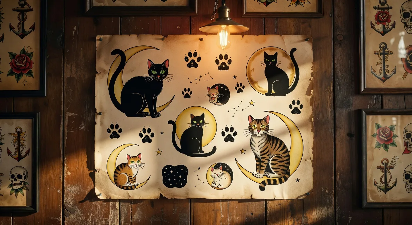 Différents styles de tatouages chat lune disposés sur une planche de flash tattoo