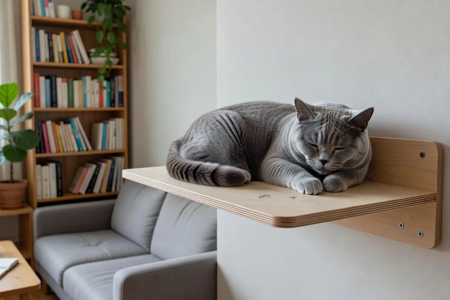 Un British Shorthair bleu dormant paisiblement sur une étagère murale, vie d’appartement sereine et confortable