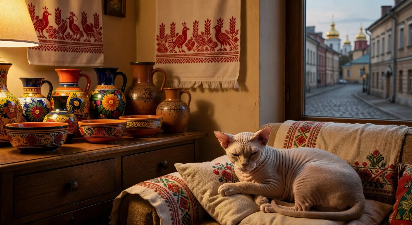 Des chats de ferme ukrainiens se prélassant près d'une maison traditionnelle peinte