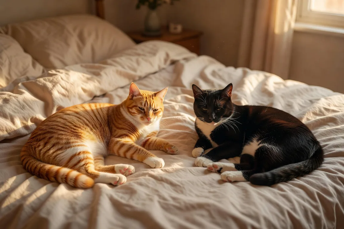 Deux chats — un roux et blanc et un noir et blanc — allongés à distance respectable sur le même grand lit dans une chambre baignée de lumière dorée, ambiance paisible