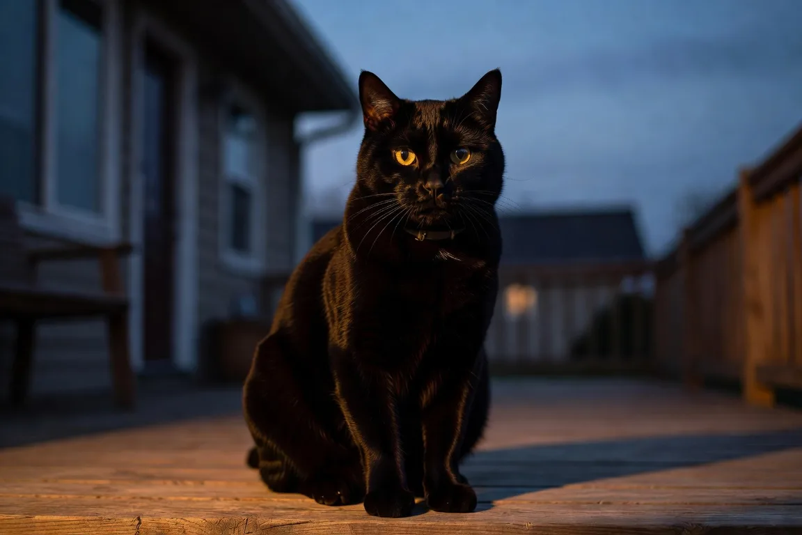 Gros chat noir musclé portant un collier métallique fin, assis sur une terrasse en bois au crépuscule, yeux ambre fixant intensément vers la maison, joues bombées caractéristiques d'un mâle entier, lumière bleutée du soir mêlée à des tons ambrés