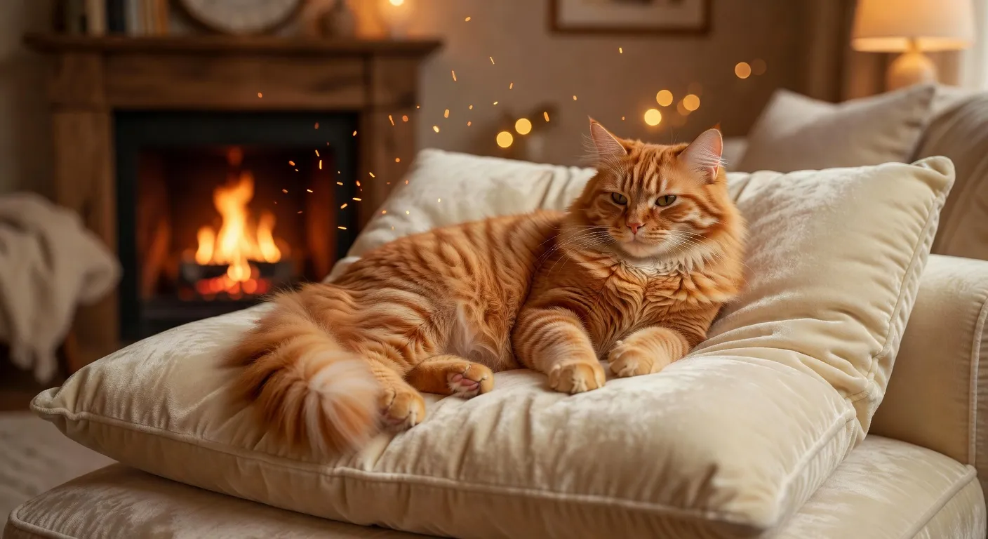 Chat roux allongé sur un coussin dans un salon chaleureux