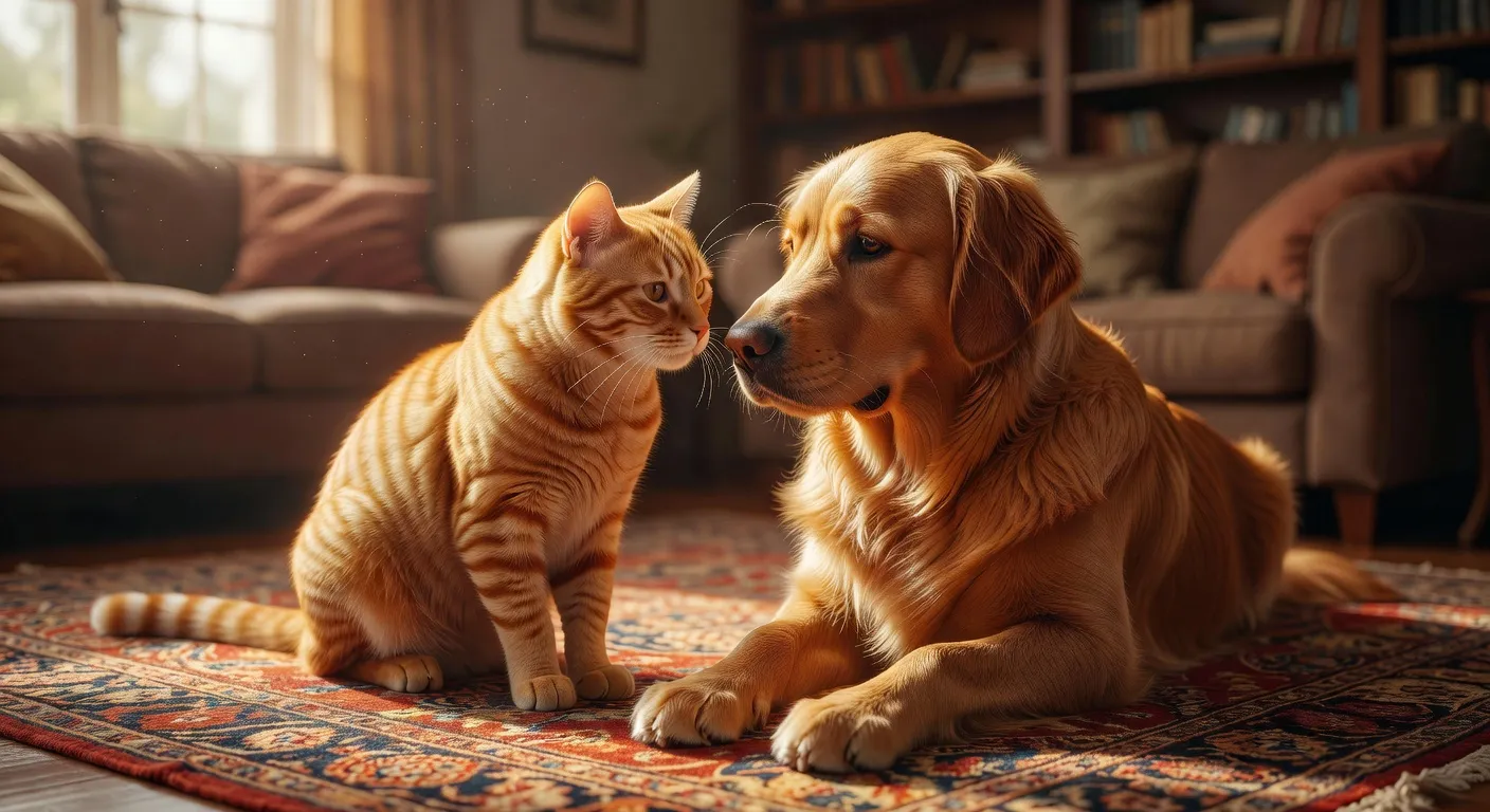Un chat et un chien paisiblement allongés côte à côte sur un canapé dans un salon chaleureux