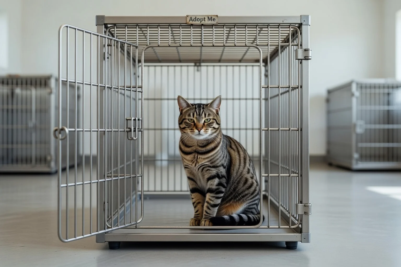 Un chat adulte tigré assis paisiblement dans une grande cage de refuge, regardant calmement vers l'avant sous une lumière douce
