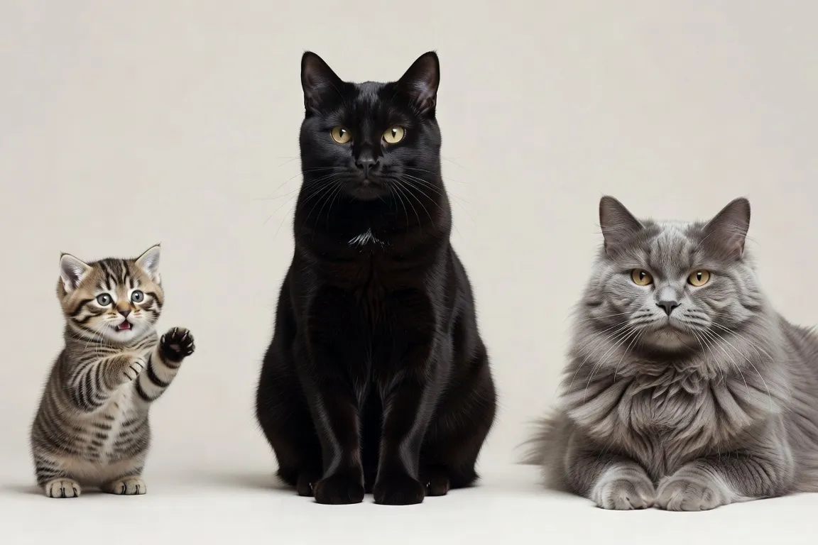 Un chaton joueur à côté d'un chat adulte et d'un chat senior grisonnant montrant les trois stades de vie féline
