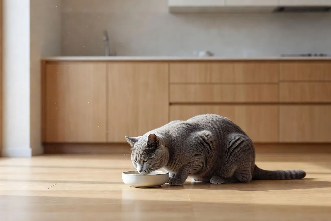 Chat gris senior mangeant dans sa gamelle en céramique dans une cuisine lumineuse et moderne