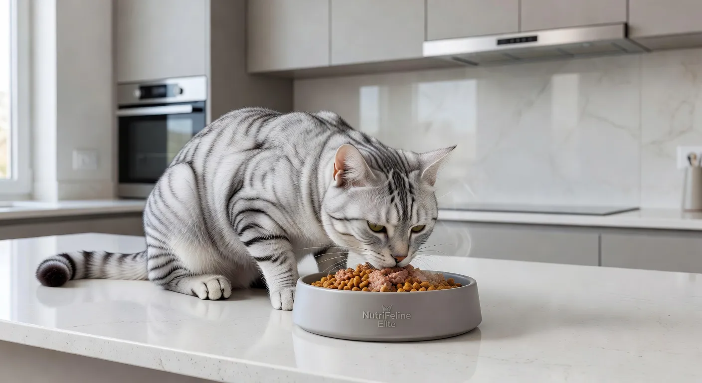 Un chat stérilisé mangeant des croquettes dans une gamelle design dans une cuisine moderne
