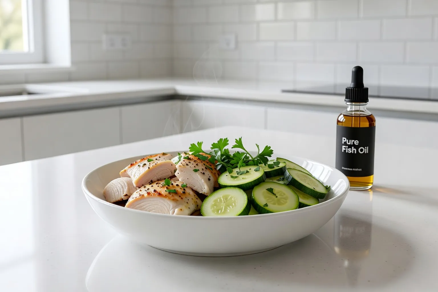 Un bol de nourriture naturelle pour chat composé de poulet cuit, légumes et sardines, présenté sur un plan de travail de cuisine