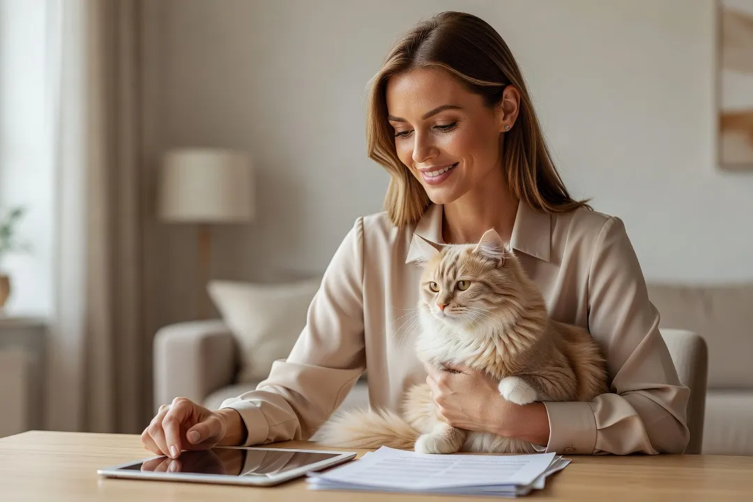 Une femme assise dans son salon consulte des documents d'assurance tout en tenant son chat roux et blanc dans ses bras