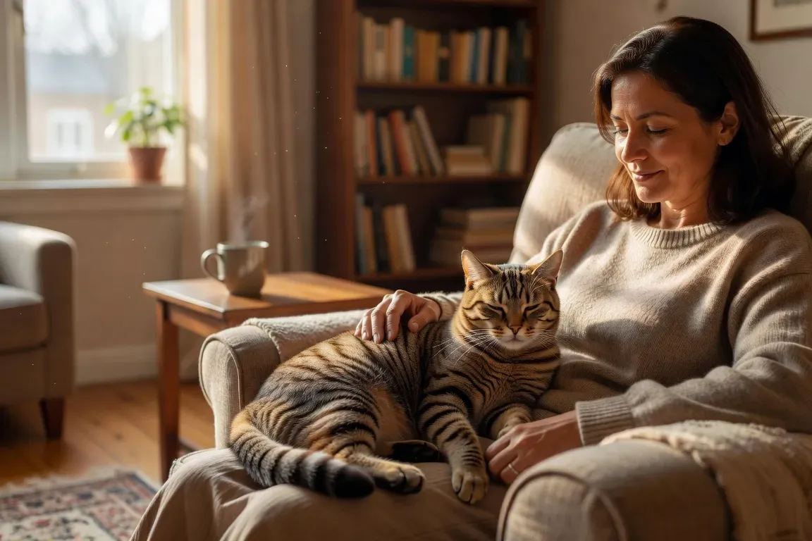 Un chat tigré allongé sur les genoux de son propriétaire dans un salon lumineux et apaisant