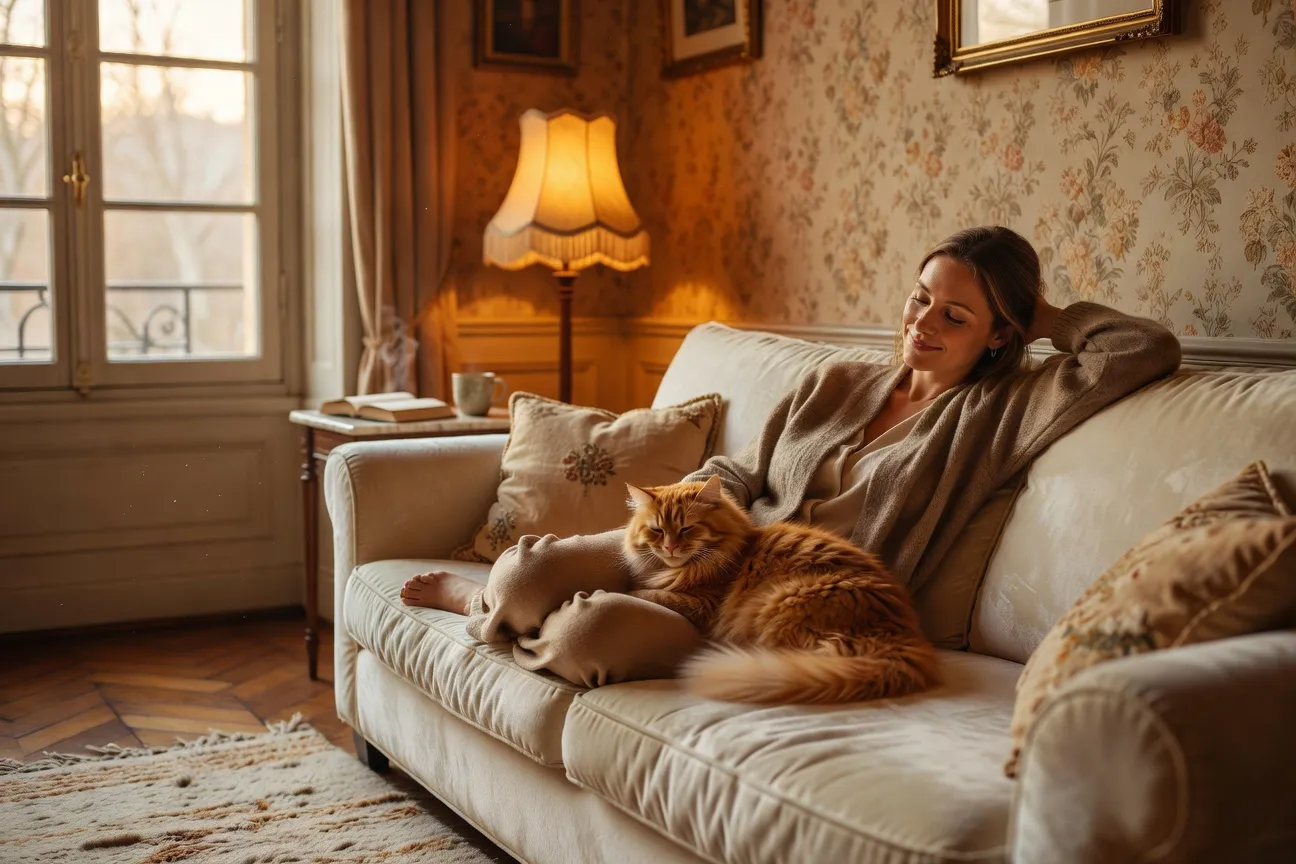 Femme sereine avec un chat sur ses genoux dans un salon chaleureux, illustration des bienfaits du chat sur la santé mentale