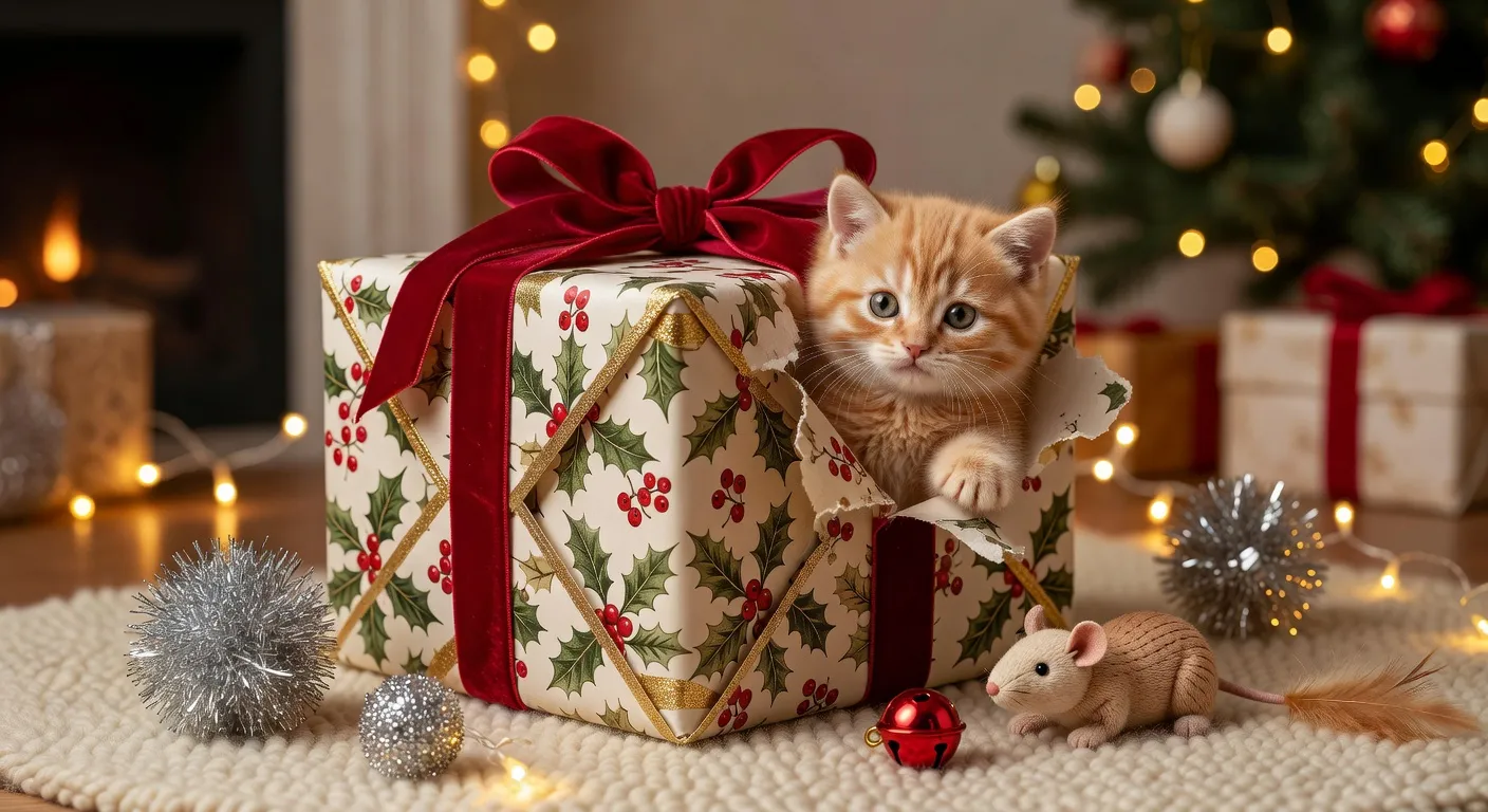 Un assortiment de cadeaux sur le thème du chat disposés sur une table en bois