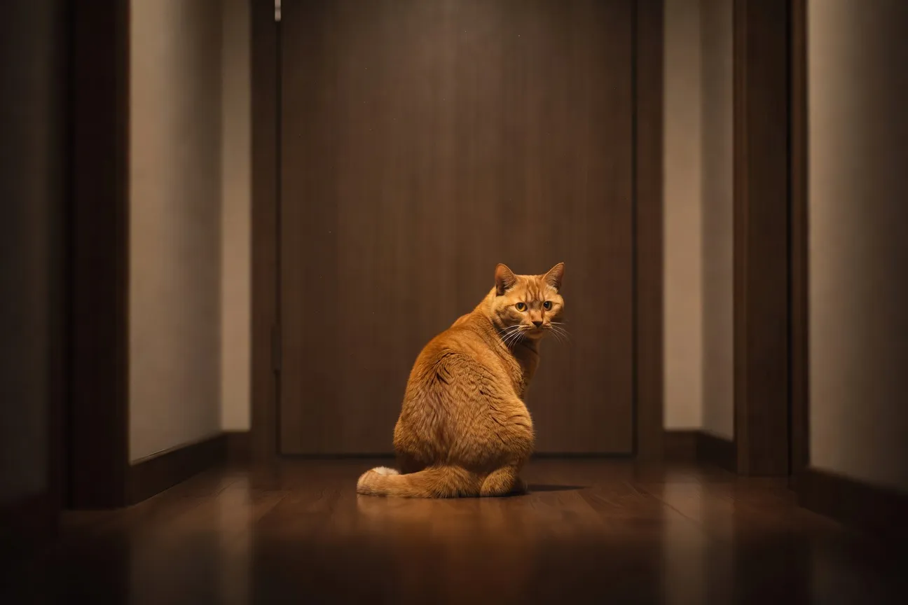Chat européen roux assis devant une porte fermée la nuit, posture d'attente frustrée, lumière tamisée du couloir