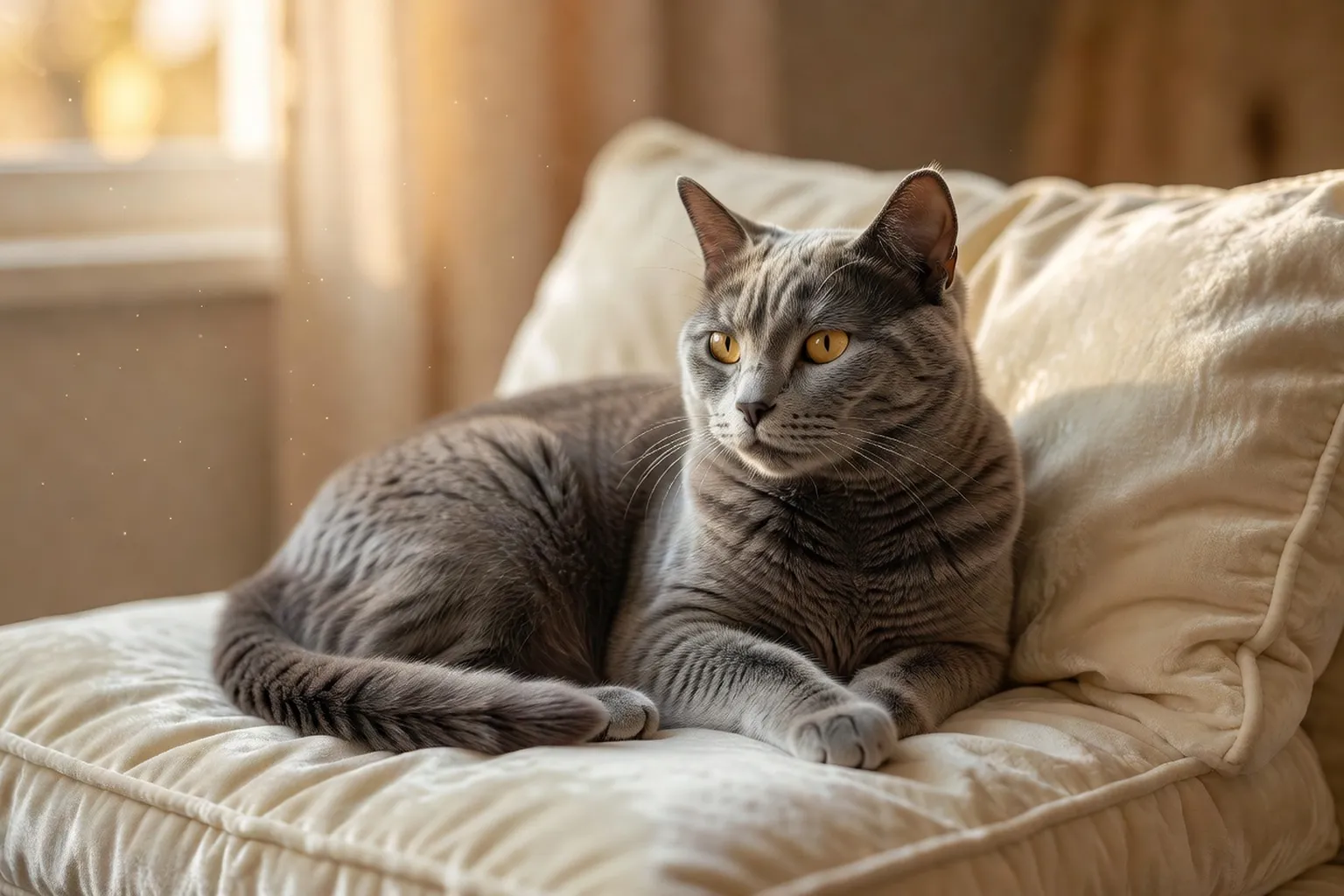 Un chat senior gris aux yeux expressifs allongé sur un coussin douillet, lumière dorée de fin de journée