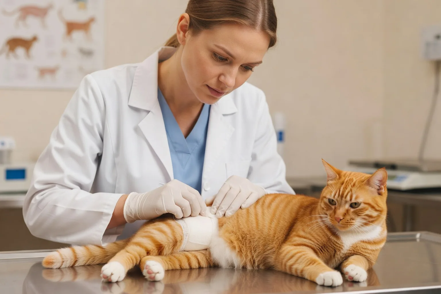 Vétérinaire en blouse blanche examinant délicatement la patte arrière bandée d'un chat roux et blanc sur une table d'examen
