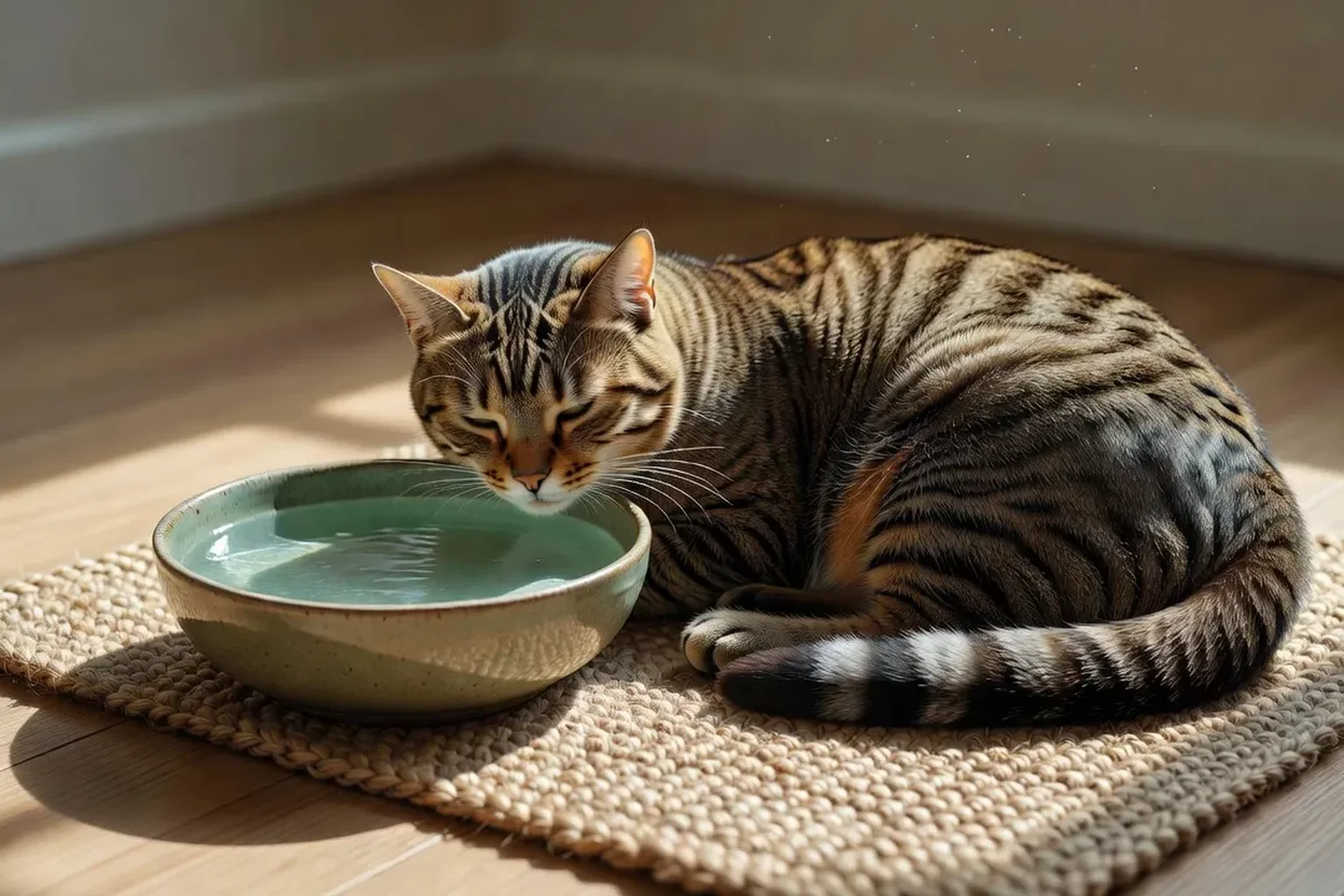 Un chat tigré se reposant à l'ombre d'une pièce fraîche, près d'un bol d'eau fraîche, en été