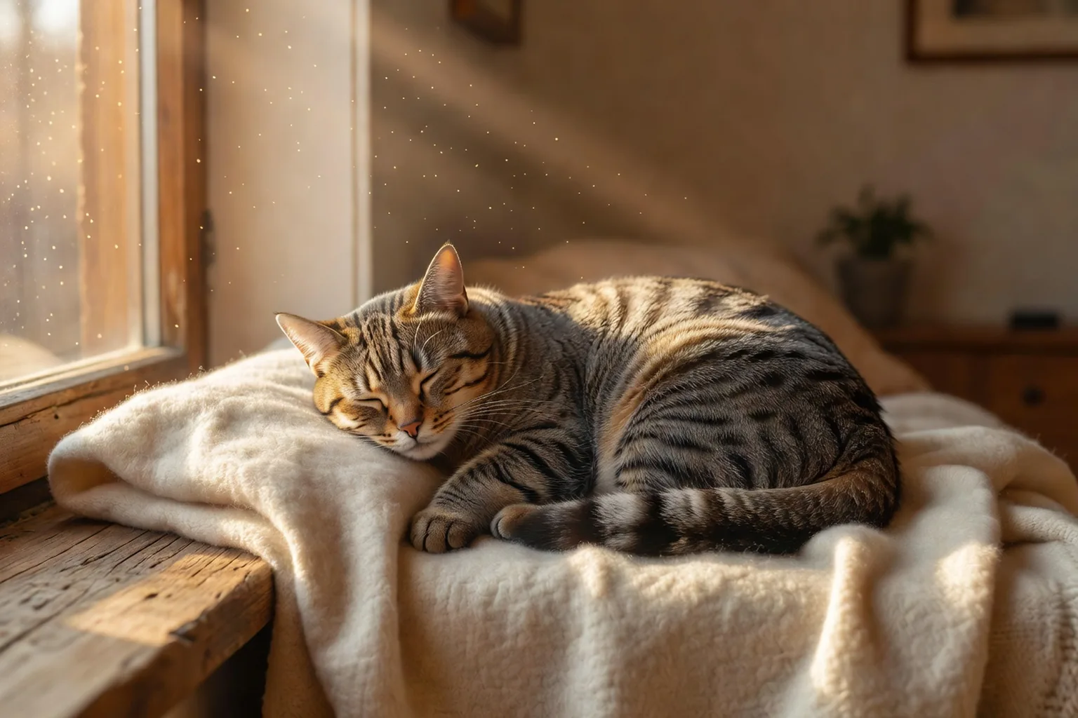 Chat tigré profondément endormi sur un plaid en laine crème près d'une fenêtre ensoleillée, lumière chaude d'après-midi
