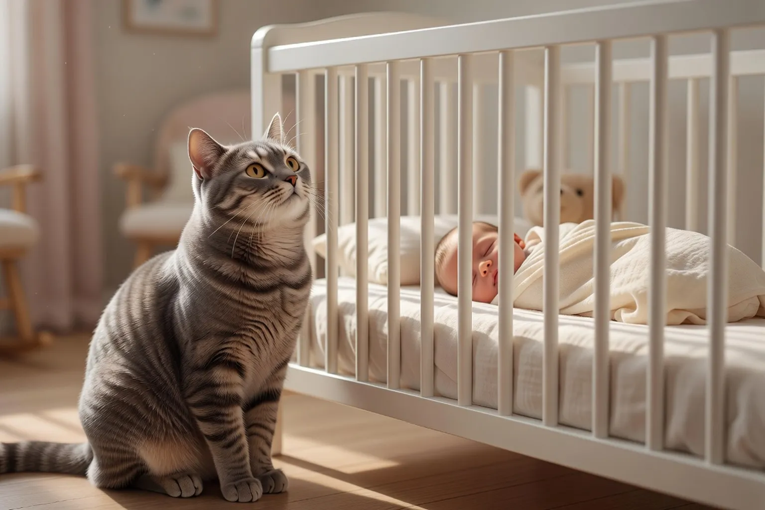 Un chat adulte curieux observant un bébé endormi dans son berceau, avec une douce lumière naturelle