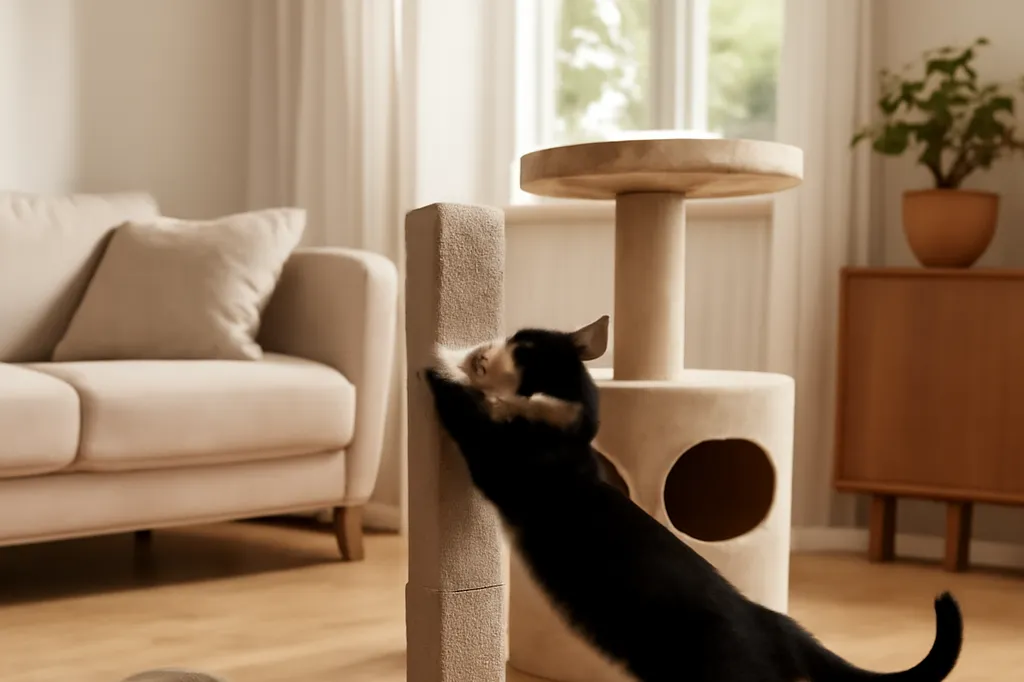 Un salon lumineux avec plusieurs griffoirs de textures différentes, un chat noir et blanc s'étirant sur un griffoir vertical