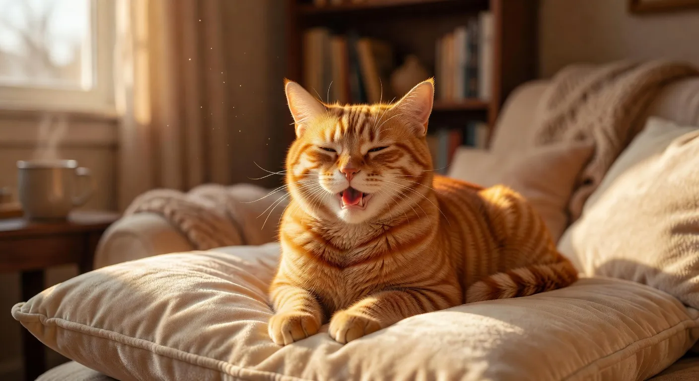 Un chat roux heureux allongé sur un coussin moelleux dans un intérieur lumineux