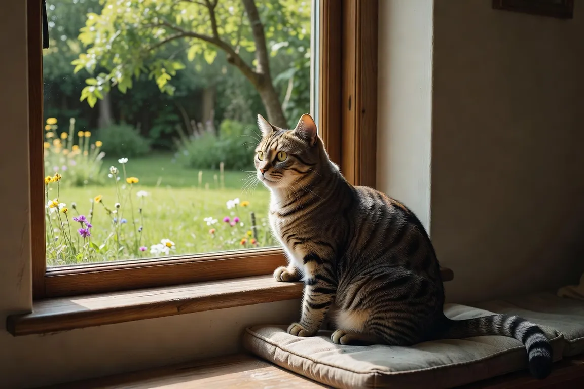 Chat assis à la limite entre une fenêtre ouverte et l'intérieur d'une maison, symbole du choix intérieur extérieur