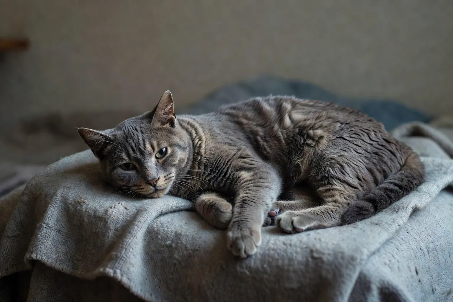 Un chat léthargique allongé sur le flanc, regard terne — reconnaître les signes d'urgence vétérinaire chez le chat