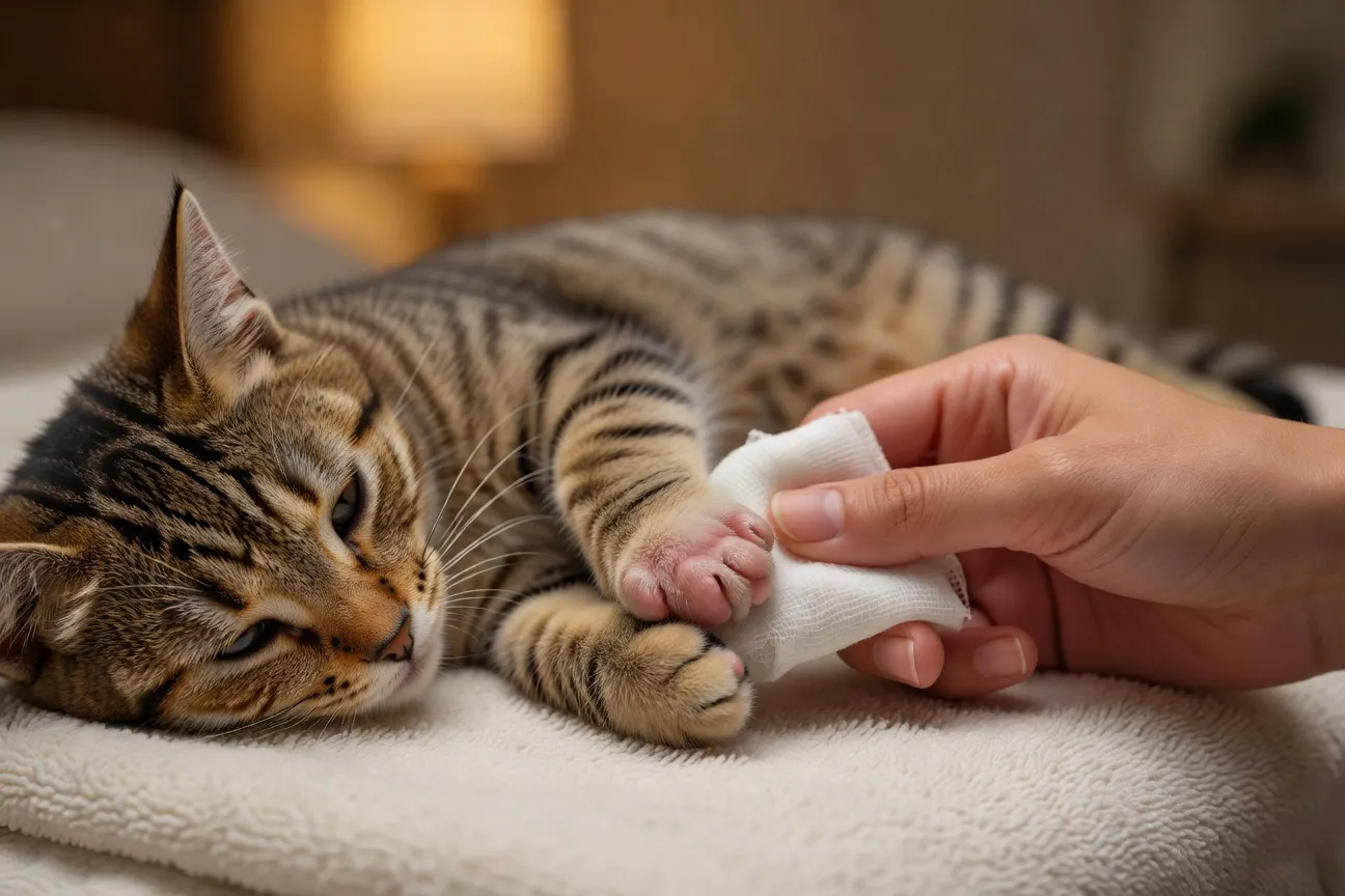 Gros plan sur les coussinets blessés d'un jeune chat tigré examinés avec douceur par son propriétaire