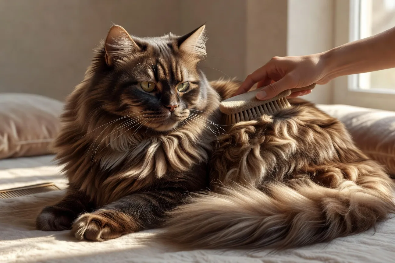 Un chat au pelage luxuriant et brillant se faisant brosser délicatement par son propriétaire