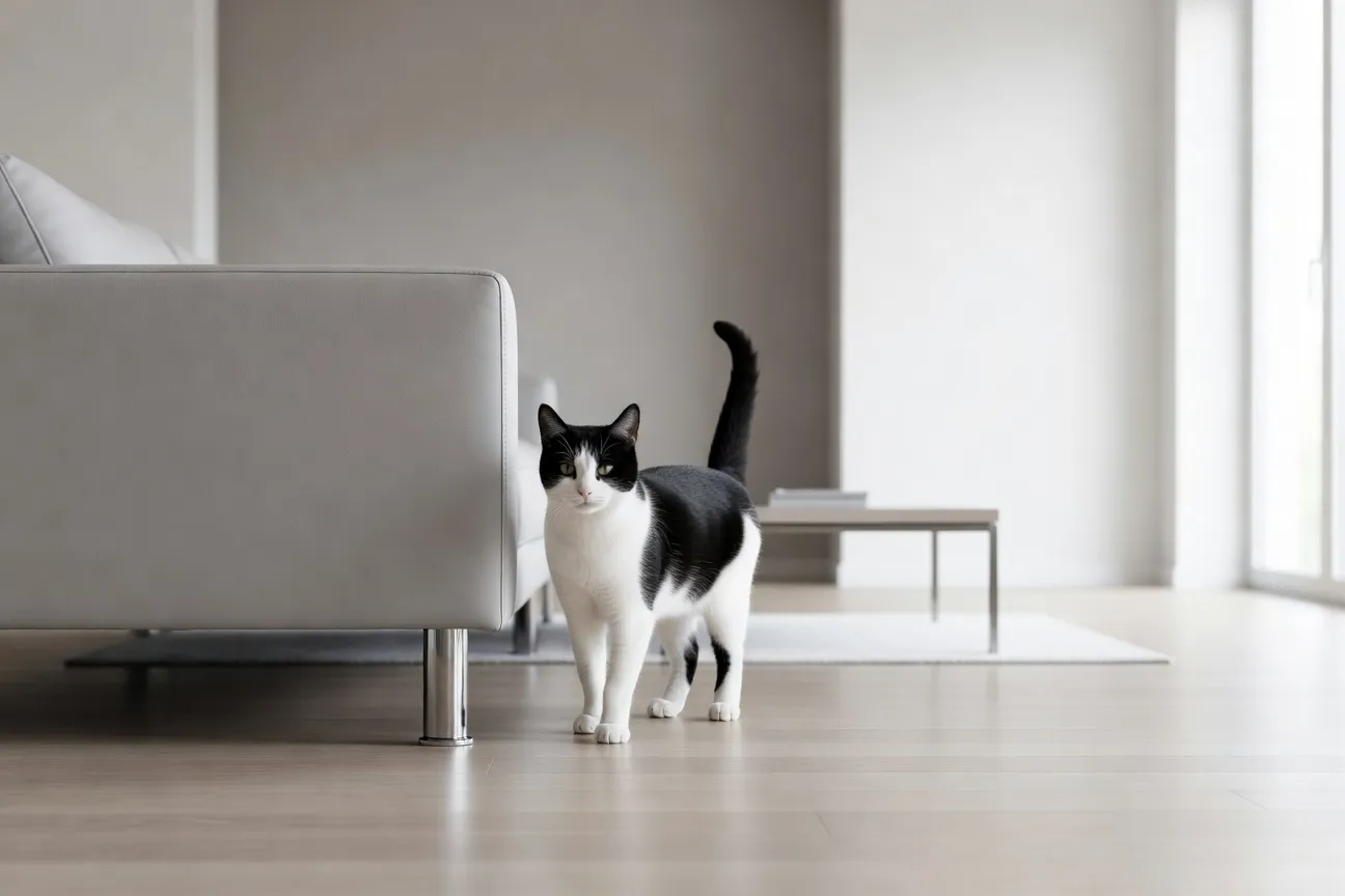 Chat noir et blanc en posture de marquage territorial debout contre un canapé dans un salon moderne éclairé