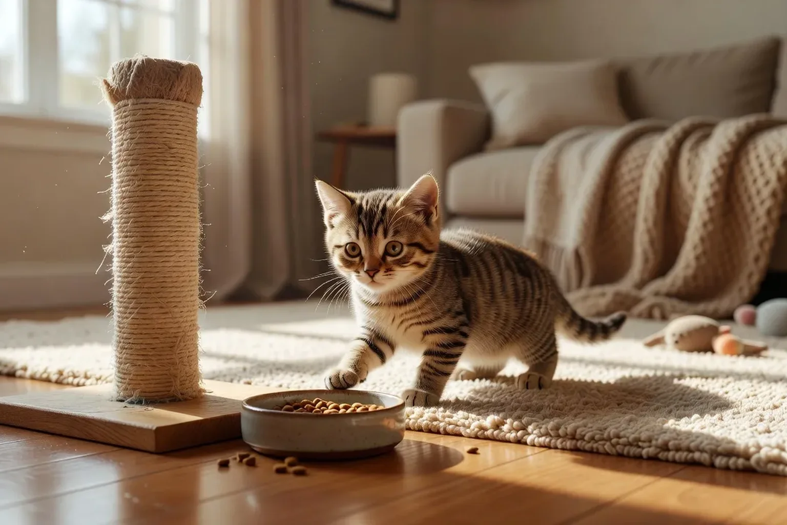 Un chaton tigré curieux explorant un salon lumineux, près d'un griffoir et d'un bol de croquettes