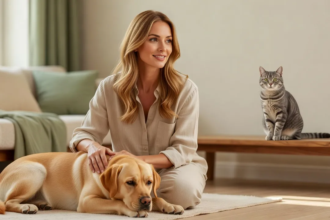 Une jeune femme assise au sol dans un salon observe calmement un chat gris perché sur une étagère et un labrador couché à distance