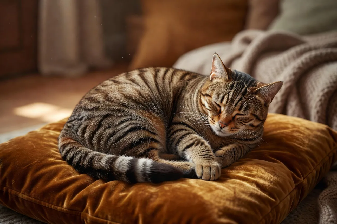 Un chat tigré endormi en boule sur un coussin moelleux dans une lumière tamisée d'après-midi
