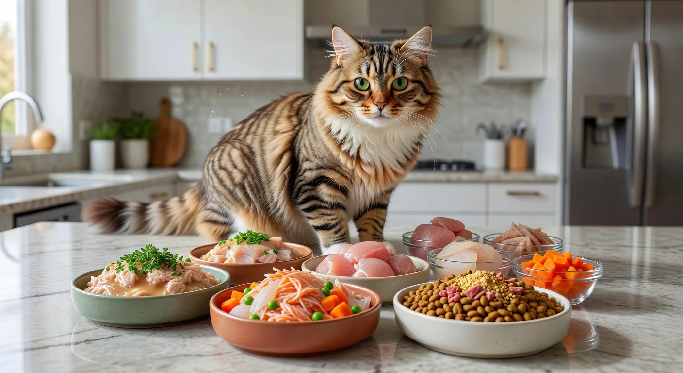 Un chat tigré mangeant avec appétit dans une gamelle en céramique dans une cuisine lumineuse