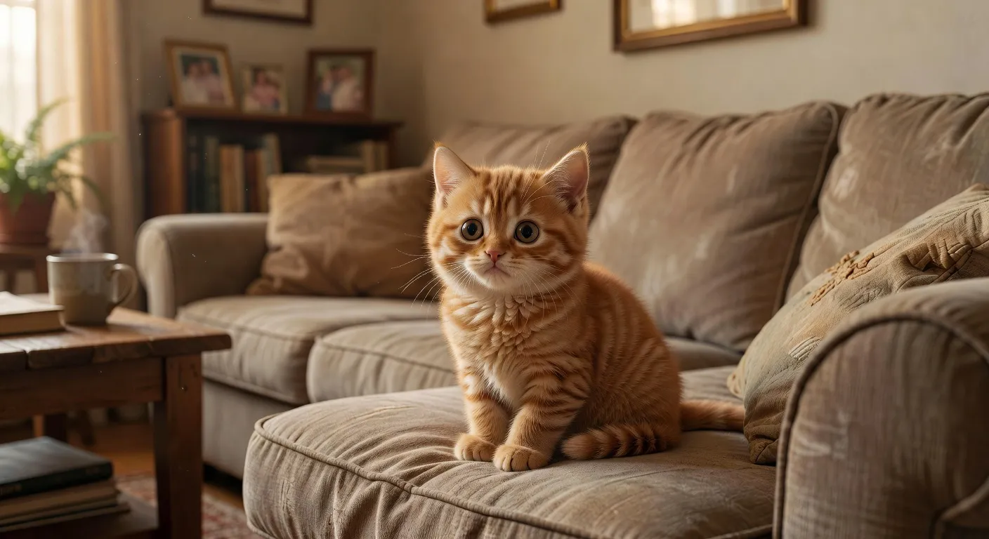 Un adolescent souriant tenant un chaton dans ses bras dans un salon familial chaleureux