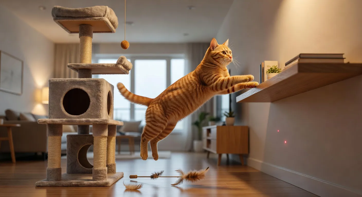 Un chat jouant avec un jouet interactif dans un appartement moderne et bien aménagé