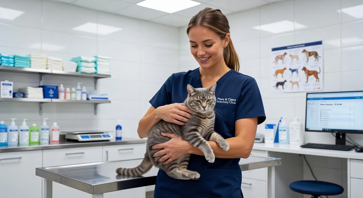 Une soigneuse animalière câlinant un chat dans un centre de soin lumineux et moderne