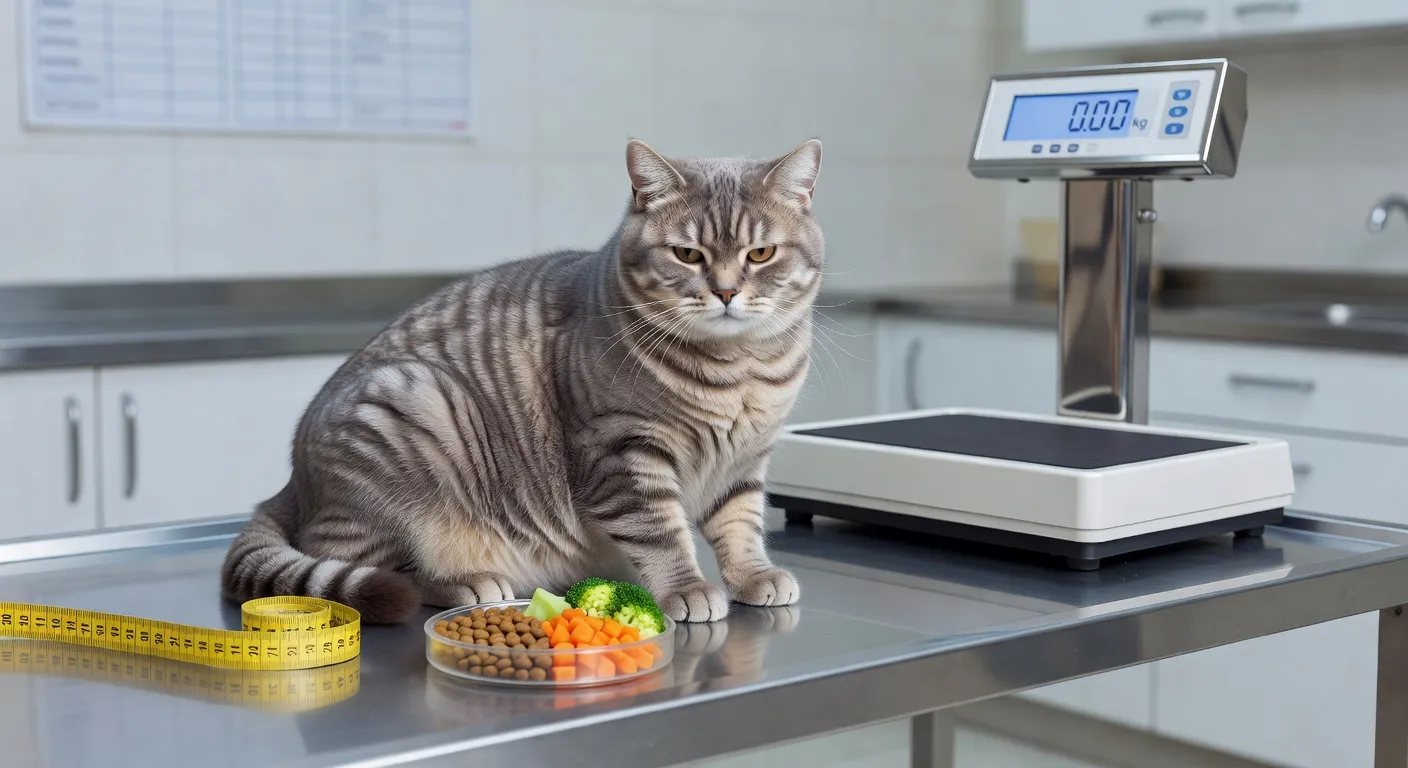 Un chat tigré légèrement enrobé qui joue avec un jouet plume dans un salon lumineux