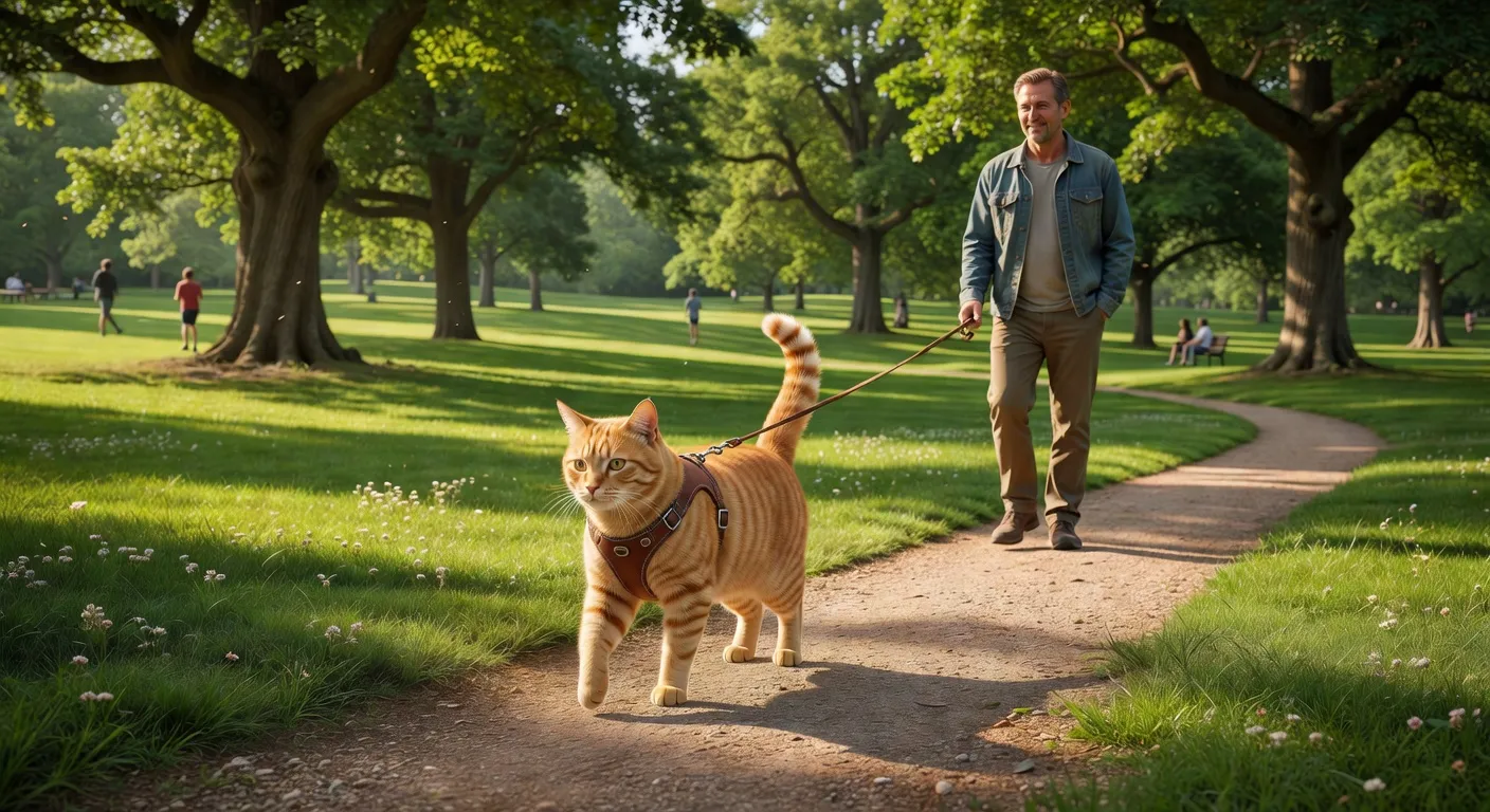 Un chat tigré portant un harnais se promenant dans un parc verdoyant avec son propriétaire