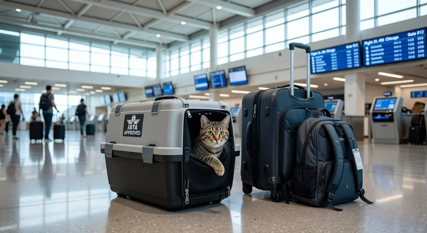 Un chat calme dans un sac de transport souple posé dans un aéroport moderne et lumineux