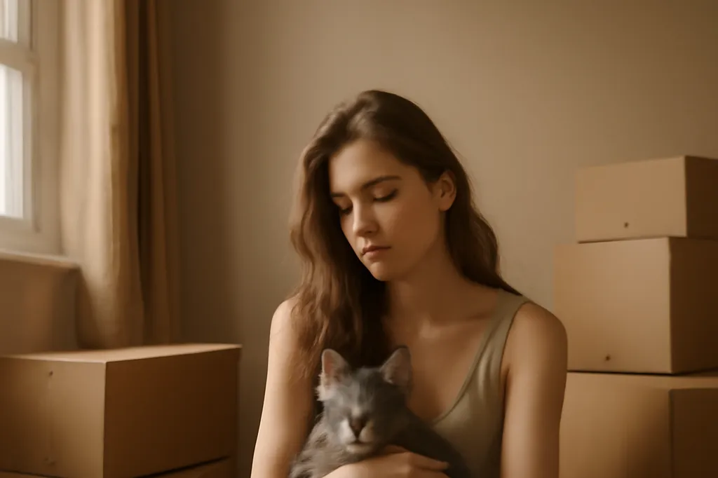 Une jeune femme assise au sol dans un appartement encore encombré de cartons, tenant doucement son chat contre elle
