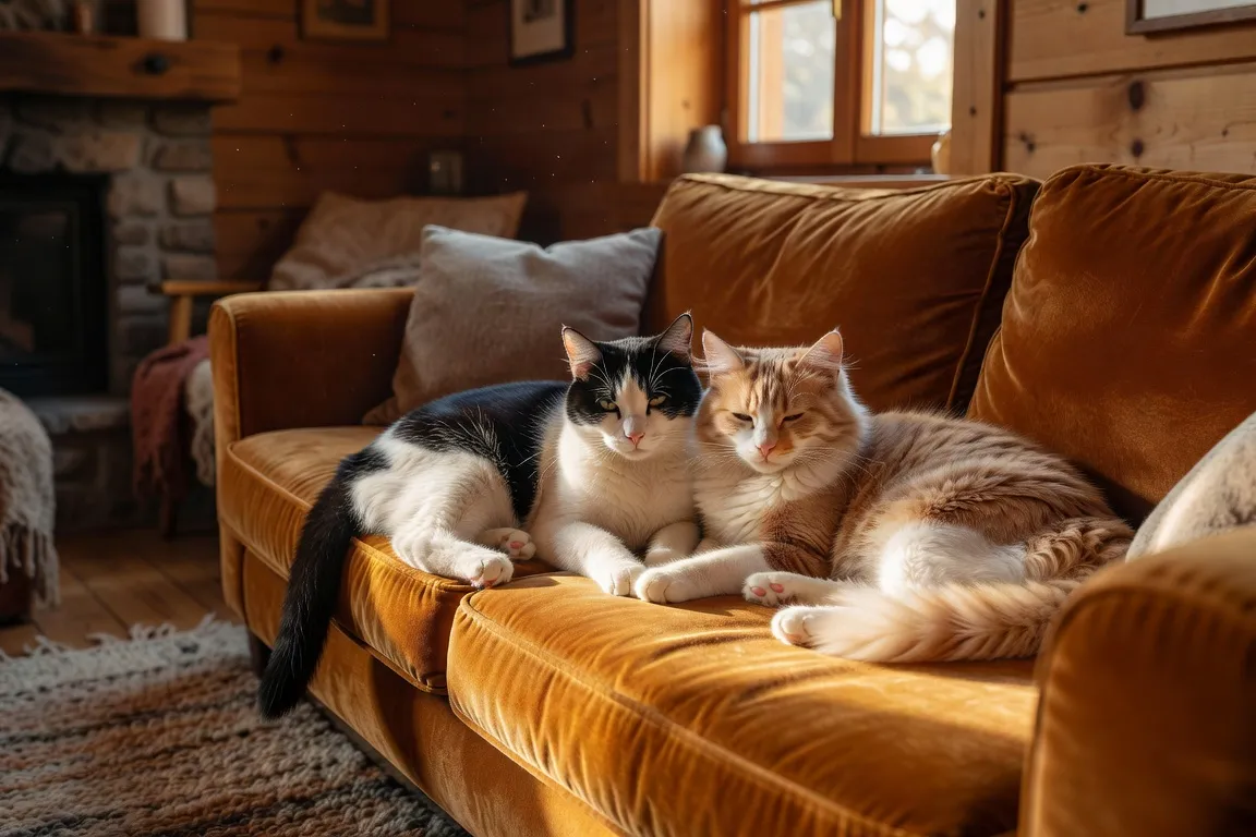 Chatte noire et blanche et jeune chat roux et blanc allongés côte à côte sur un canapé en velours ambre dans une pièce lumineuse, ambiance paisible de fin d'après-midi au chalet