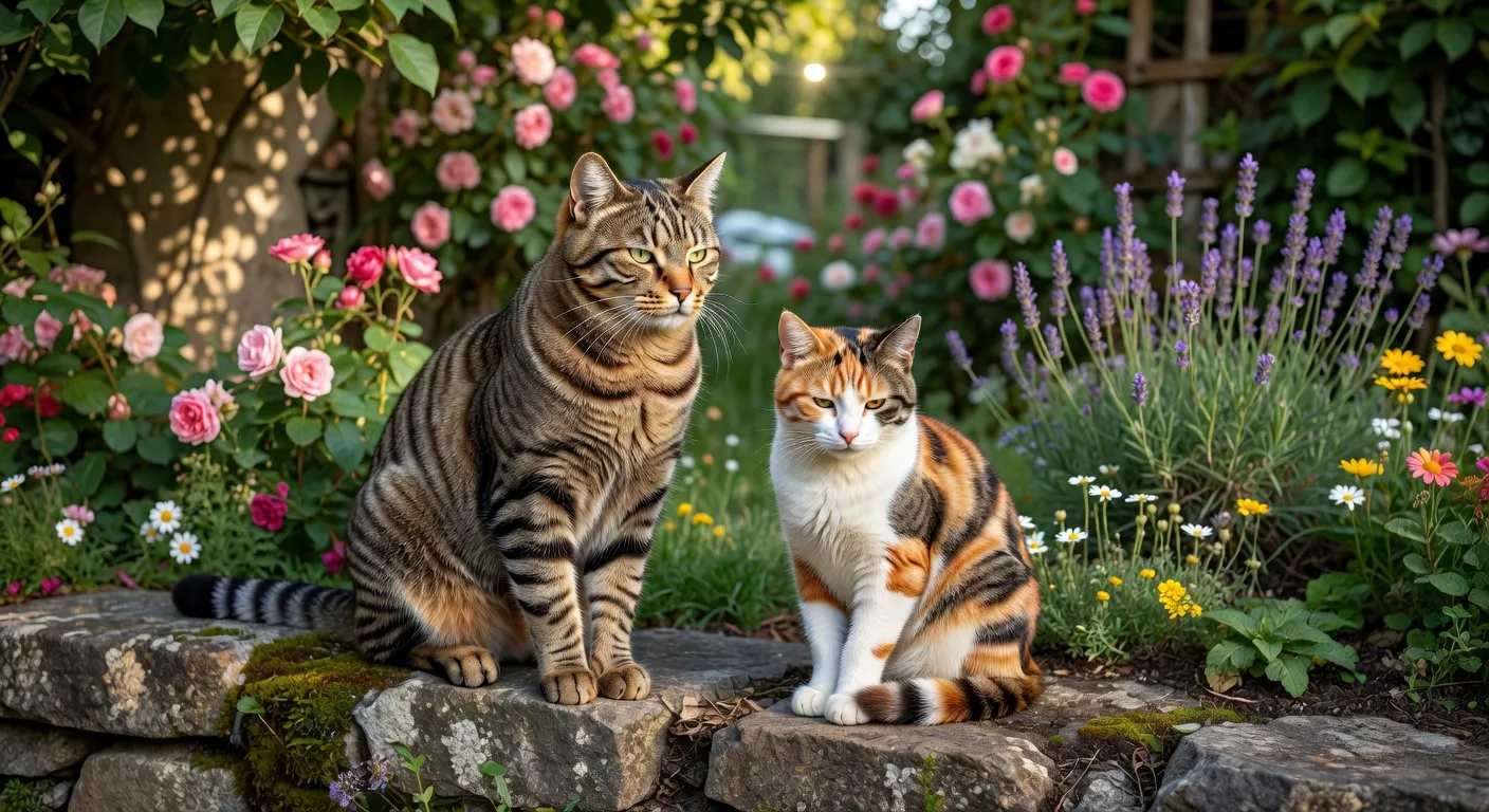 Deux chats côte à côte, un mâle tigré robuste et une femelle écaille de tortue élancée
