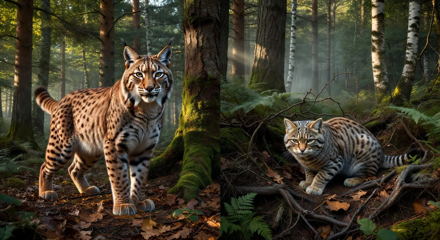 Un lynx eurasien aux oreilles touffues et un chat sauvage européen côte à côte dans une forêt