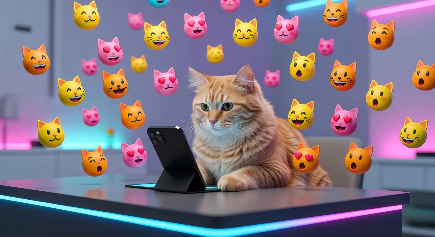 Un écran de smartphone affichant plusieurs emojis de chat avec des expressions variées