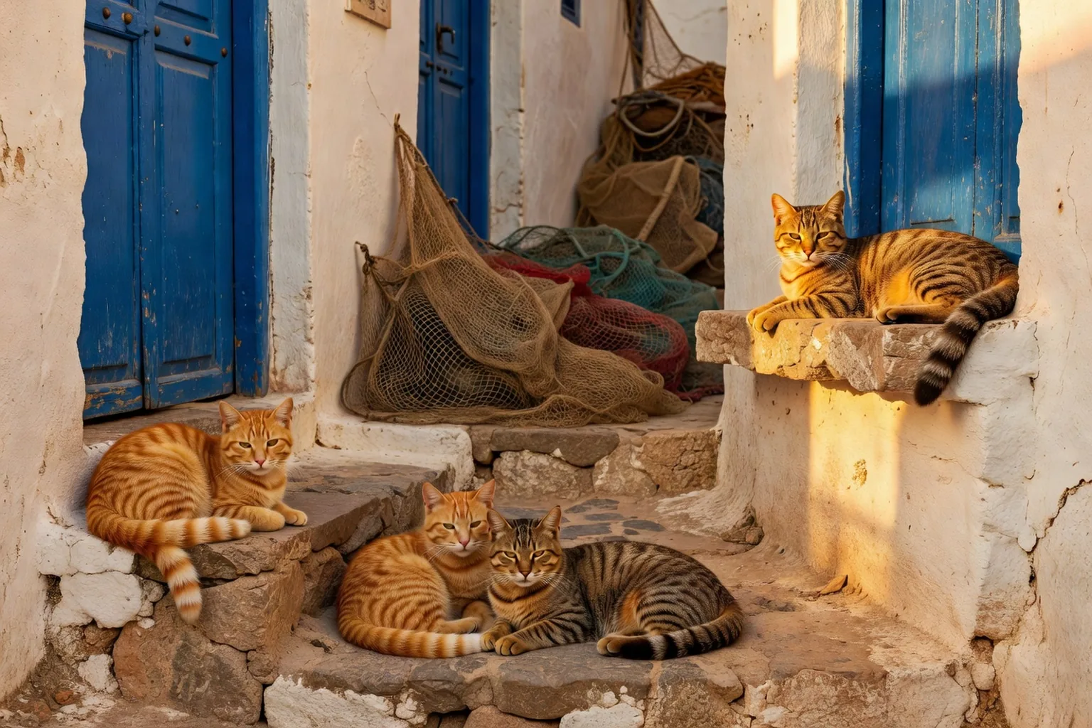 Chats roux et tigrés se reposant sur les murs blancs et les portes bleues de la médina d'Essaouira au Maroc, lumière dorée