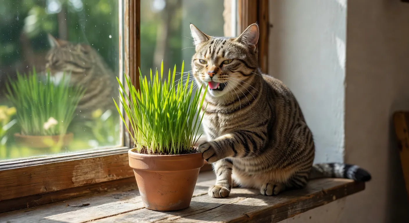 Un chat tigré qui mâchonne de l'herbe à chat verte dans un pot en terre cuite sur un rebord de fenêtre